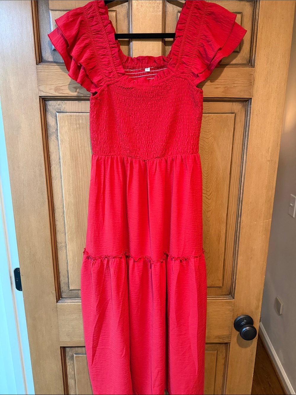 Red Ruffle-Sleeve Smocked Maxi Dress